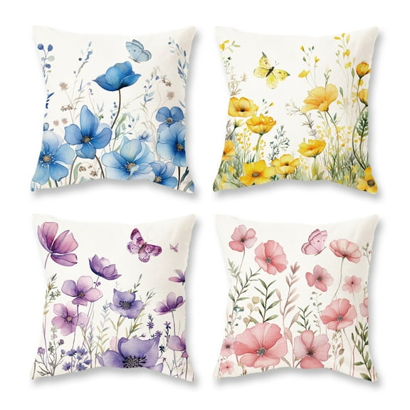Spring Throw Pillow Covers Colorful Floral Decorative Cushion Cases for Sofa Couch Home Decor Set of 4 18x18 Inch