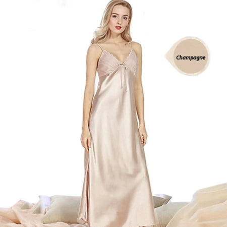 Long Satin Champagne Women Summer Sexy Satin Lace Long Nightgown Slip Lingerie Chemise Robe Color Champagne Size L ()