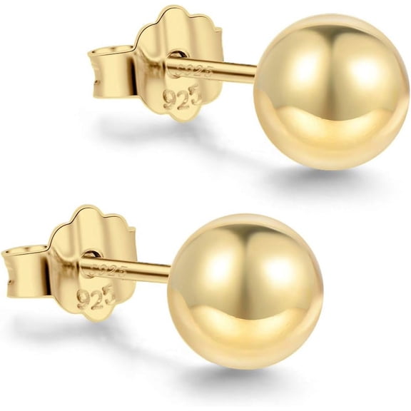 18K Gold Plated Sterling Silver Ball Stud Earrings 3mm-10mm Options, Simple Polished Ball Studs Hypoallergenic Jewelry[k031]