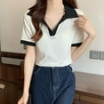 thumbnail image 2 of Women's V Neck Collared Tops Colorblock Casual Trendy Tshirts Blouses Loose Fit Short Sleeve Summer Clothes (XL, White), 2 of 7