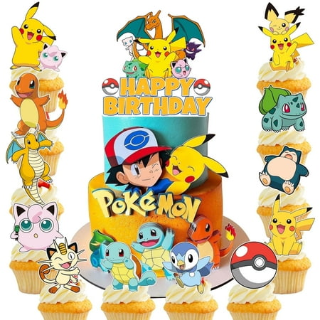 Pokemon Cake Topper, 25 Pcs Pokemon Cake Topper Set, Including 1 Large Pokemon Birthday Cake Topper and 24 Pokemon Cupcake Toppers, Boys/Girls Kids Pokemon Birthday Decoration Supplies