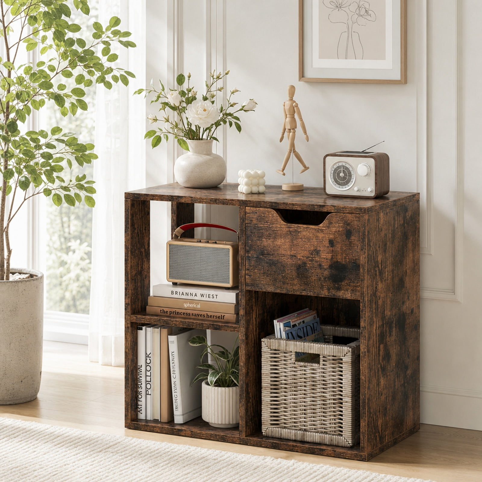 Furnibear 3-Cube Bookcase 2-tier Wooden Storage Shelf with Pull-out Drawer for Living Room Home Office Bedroom Display Storage Shelf, Brown