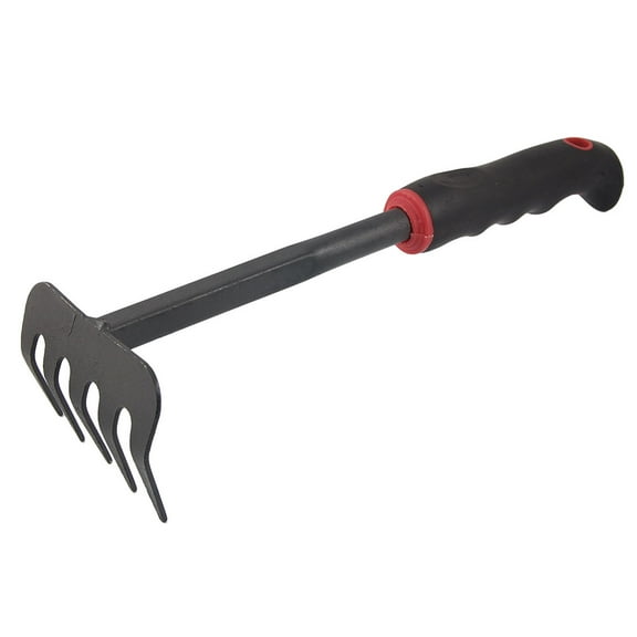 Unique Bargains 12.1" Hand Held Rubber Handle 5 Tines Cultivator Rake for Gardening