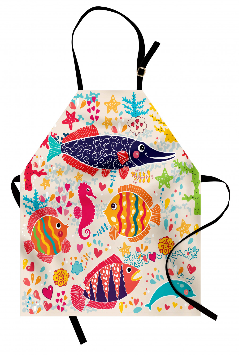 Sea Animals Apron Cartoon Art with Fish Seahorse Starfish Dolphin Coral Underwater Life Kids, Unisex Kitchen Bib Apron with Adjustable Neck for Cooking Baking Gardening, Multicolor, by Ambesonne
