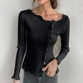 thumbnail image 2 of Feancey Ruffle Blouses for Women Soft Knitted Long Sleeve Sweater Tops Dressy Casual Split Hem Shirts Fall Trendy Going Out Tees Black Free Size, 2 of 6
