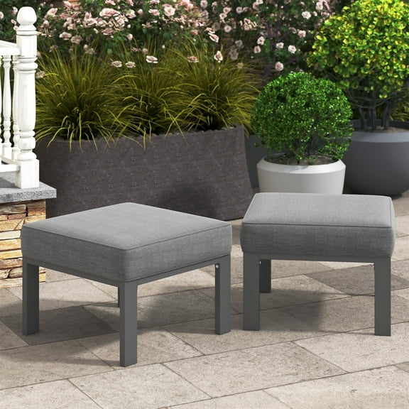 Heynemo Patio Furniture Footstools Metal Ottomans Set of 2, Metal Outdoor Ottomans with Upgraded Cushions, All-weather Outdoor Footrest Seat for Balcony, Garden, Deck, Backyard, Grey