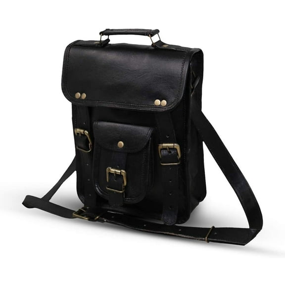Jaald 11" Leather Satchel Black Small Messenger Bag for Men Cross Body Shoulder Side Bag Purse for Women iPad Work Bag Vintage Gift