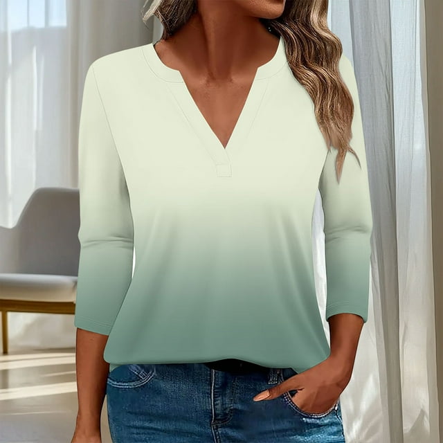 Wensltd Womens 3/4 Length Sleeve Tops Casual V Neck Shirts Soft Business Work Blouses