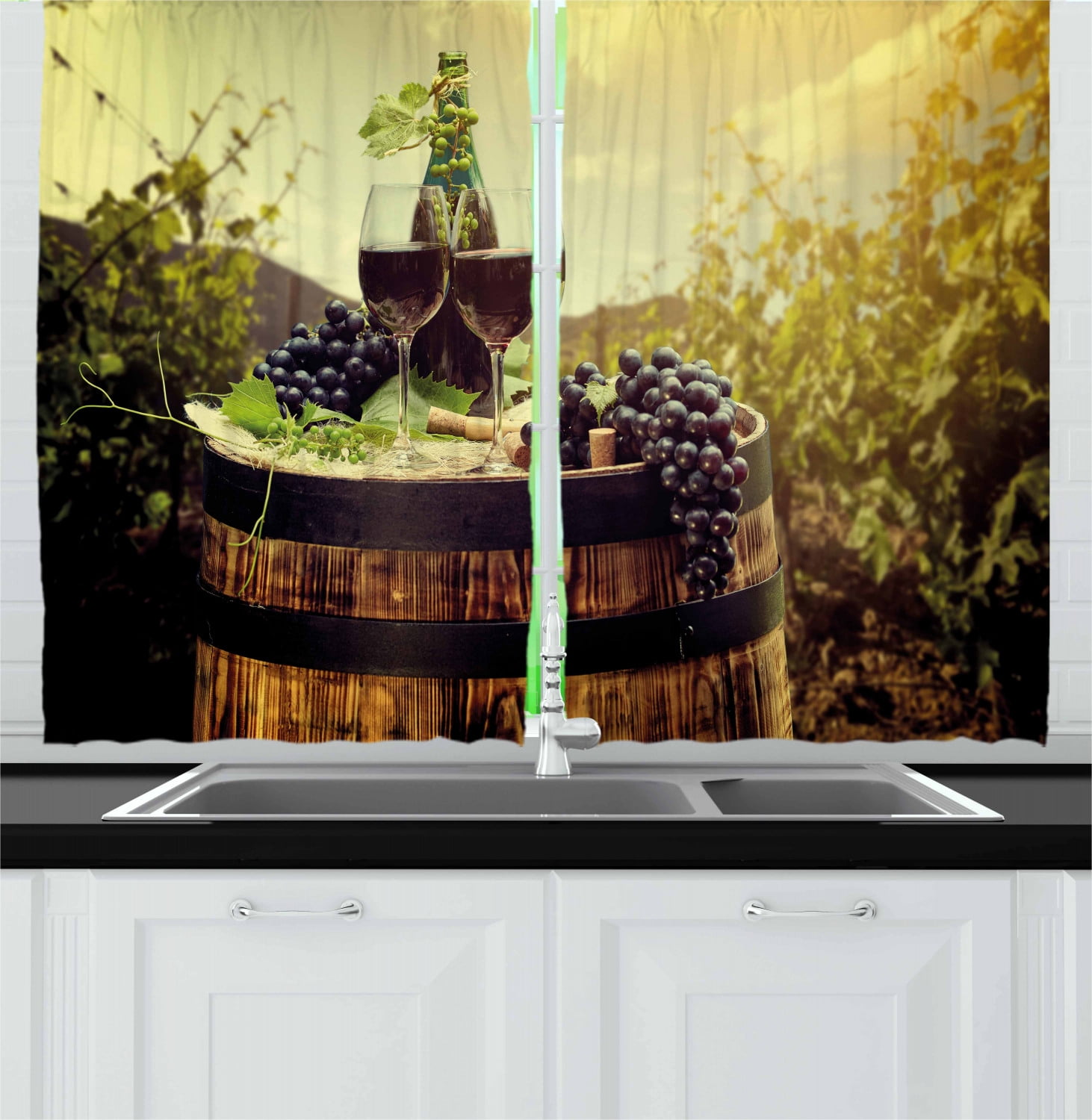 Wine Curtains 2 Panels Set, Scenic Tuscany Landscape with Barrel Couple