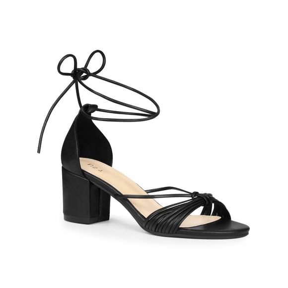 BLISSFUL STEP Strappy Open Toe Lace Up Chunky Heel Sandals for Women Black (Size 9)