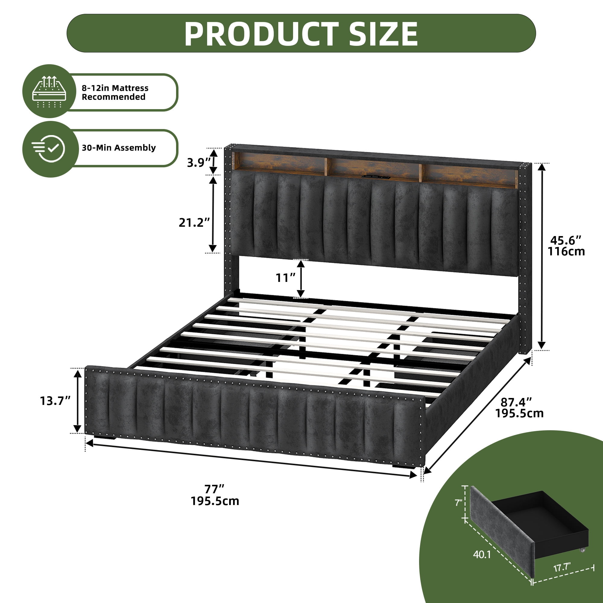 Uforic King Size Storage Bed Frame with Charging Station & Drawers, Platform Bed Frame with Drawers, Gray