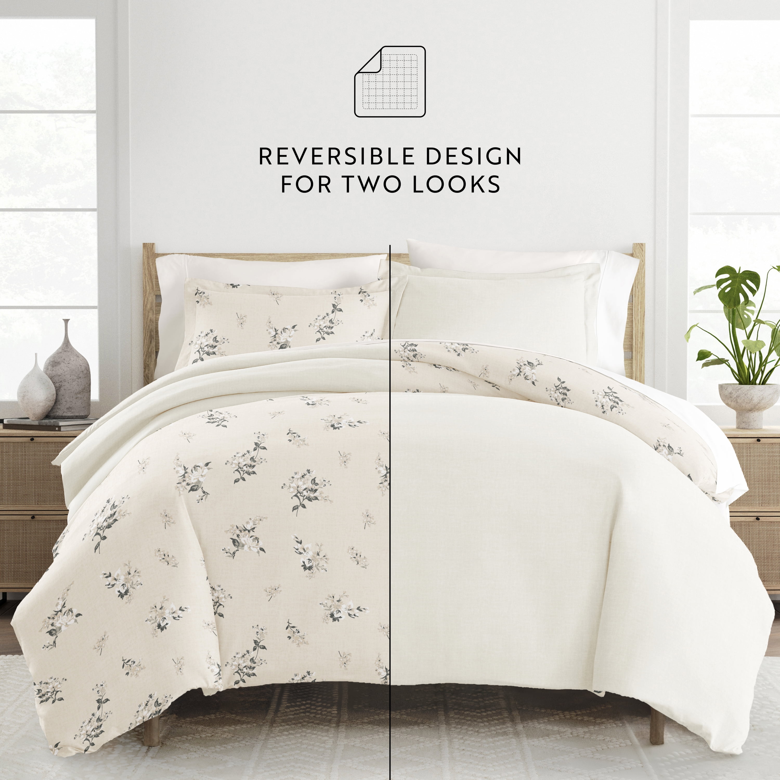 Noble Linens Delicate Floral Ivory 3-Piece Patterned Duvet Cover Set, King