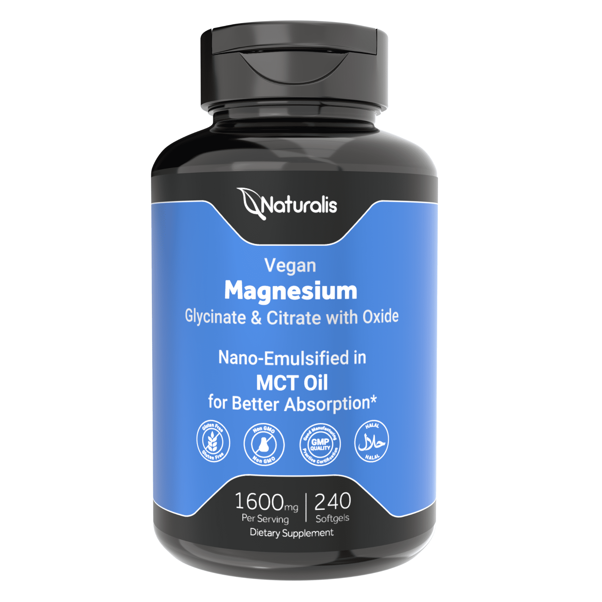 Naturalis Vegan Triple Magnesium Complex | Chelated Glycinate, Citrate & Oxide 1600mg Delivers 250mg Elemental Magnesium | Easily Absorbed for Stress, Muscle, Heart, Bone Support* | 240 Softgels