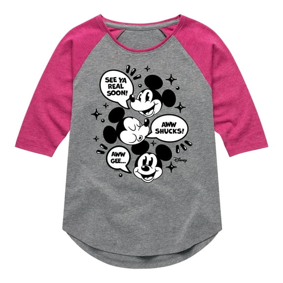 Disney - Mickey Mouse - See Ya Soon!, Aww Shucks!, Aww Gee - Toddler & Youth Girls Raglan Graphic T-Shirt
