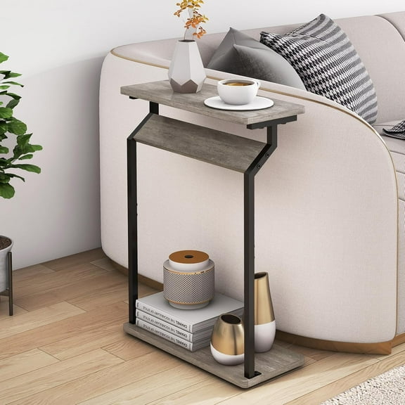 Narrow Side Table for Small Spaces, Slim Couch Tray Table, Skinny Thin End Table for Living Room, Bedroom, Grey