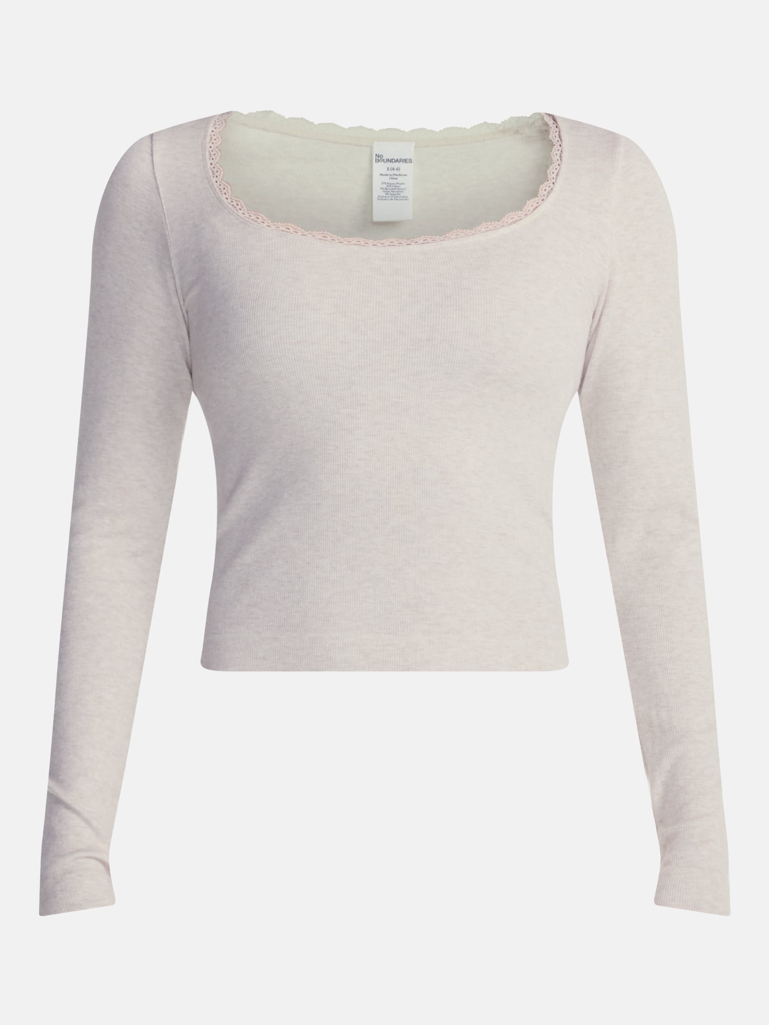 No Boundaries Long Sleeve Seamless Tee with Lace Trim, Women's XXS-XXL