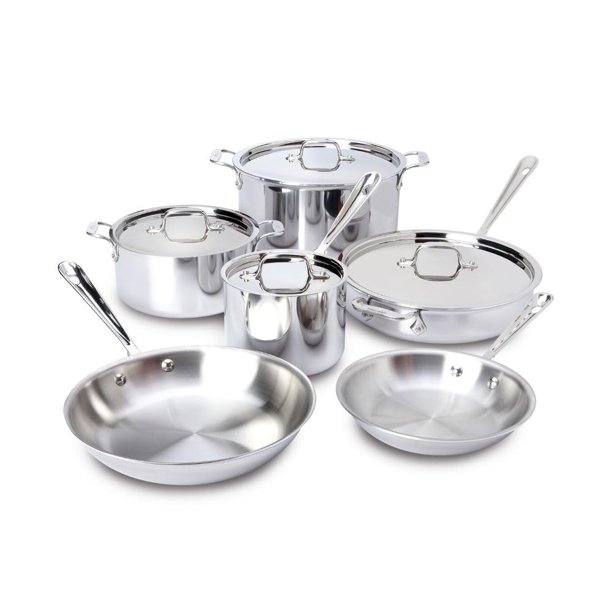 All-Clad D3 - Juego de utensilios de cocina de acero inoxidable de 3 capas, 10 piezas para horno de inducción, apto para ollas y sartenes de 600 F, color plateado All-Clad NA
