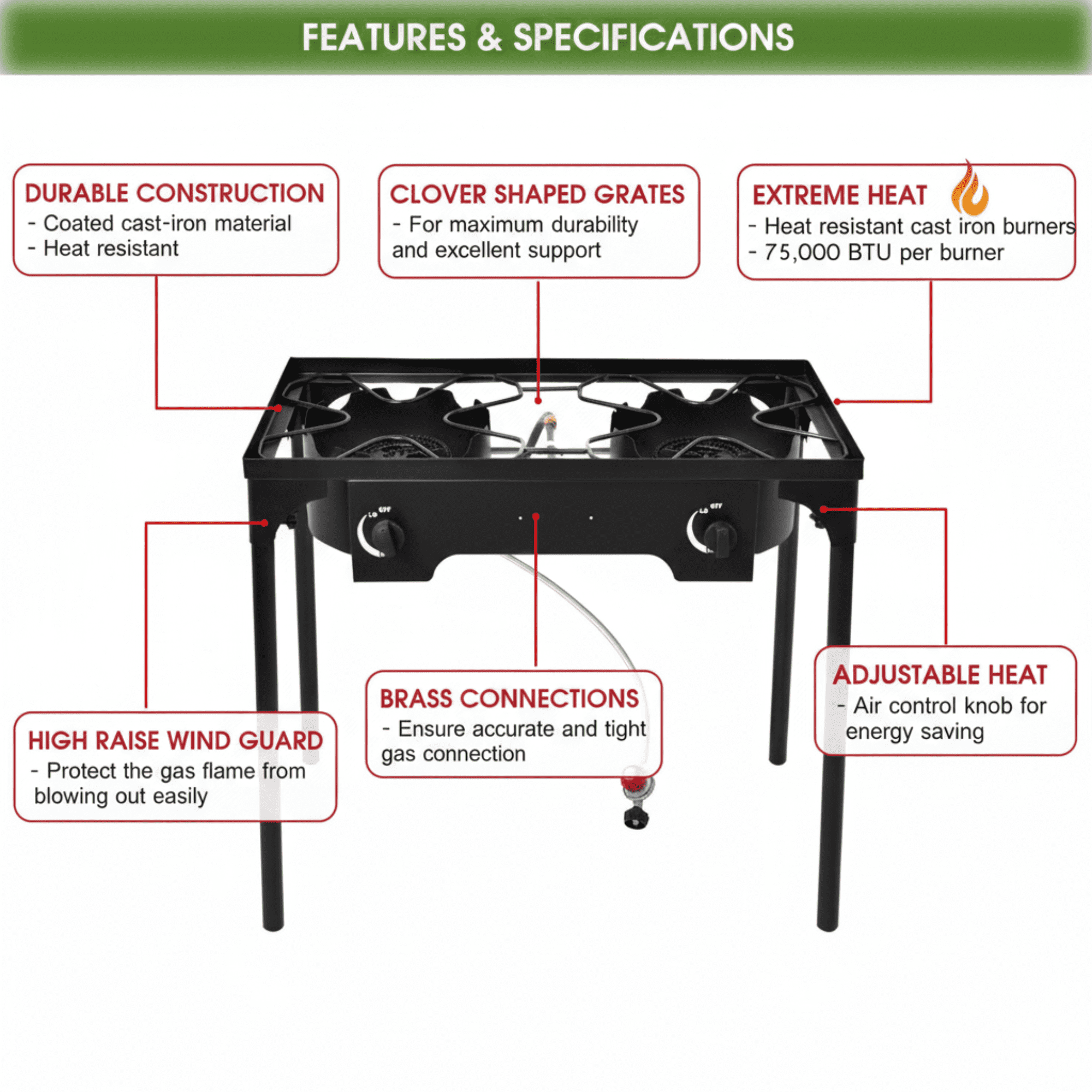 GVDV Outdoor Camping Stove, Double Burners Propane Gas Stove for Cooking BBQ Grill, 150,000-BTU, Black