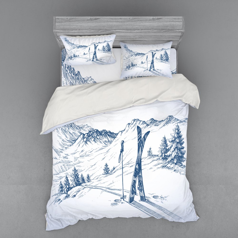Winter Duvet Cover Set, Sketchy Graphic of a Downhill Ski Elements in