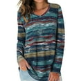 thumbnail image 1 of Femmes T-shirt Automne Imprimé V Manches Top Automne Haut Manches Longues Causal Chemisier, Bleu, S, 1 of 5