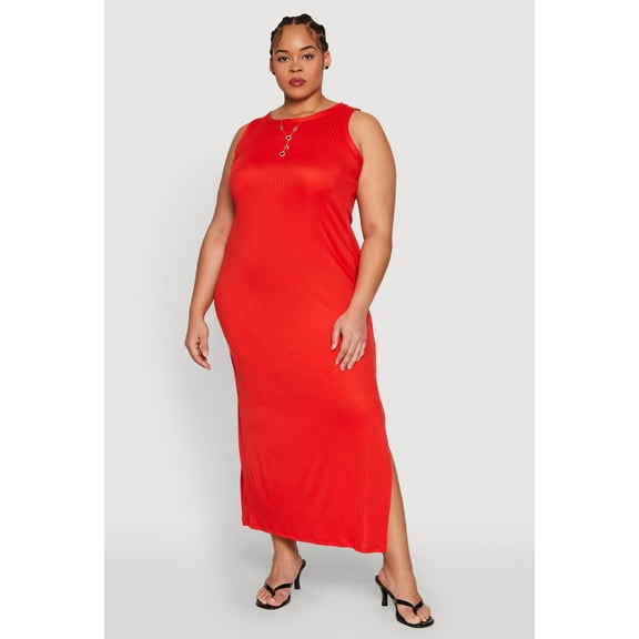 Womens Plus Size Ribbed Knit Side Slit Maxi Tank Dress