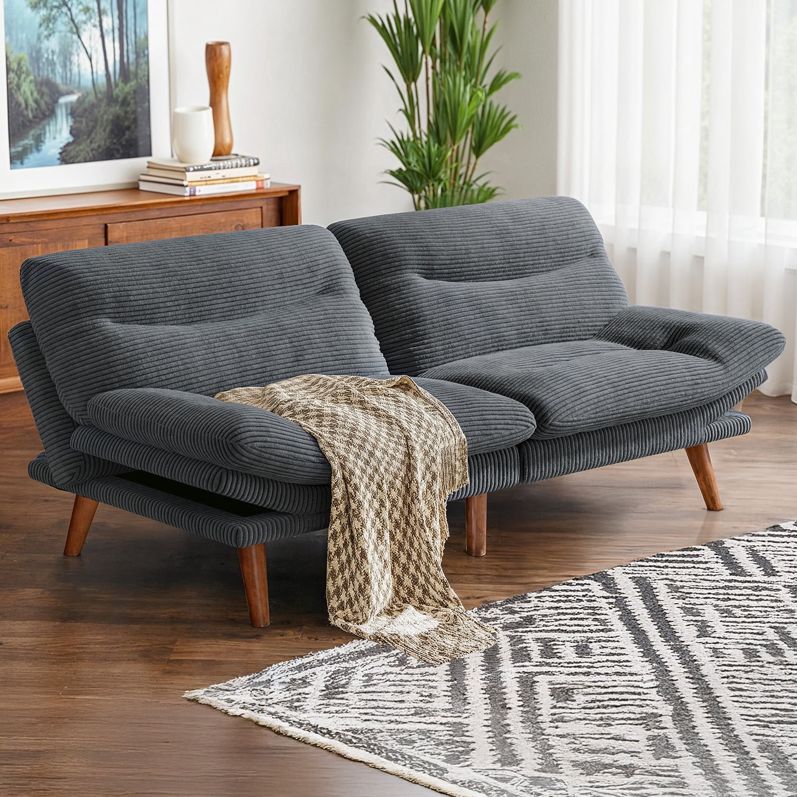 CHITOOMA 66" Futon Sofa Bed with Adjustable Backrest and 6-Level Armrests, Grey Corduroy Convertible Futon Couch, Comfy Loveseat for Small Spaces, Apartment or Office