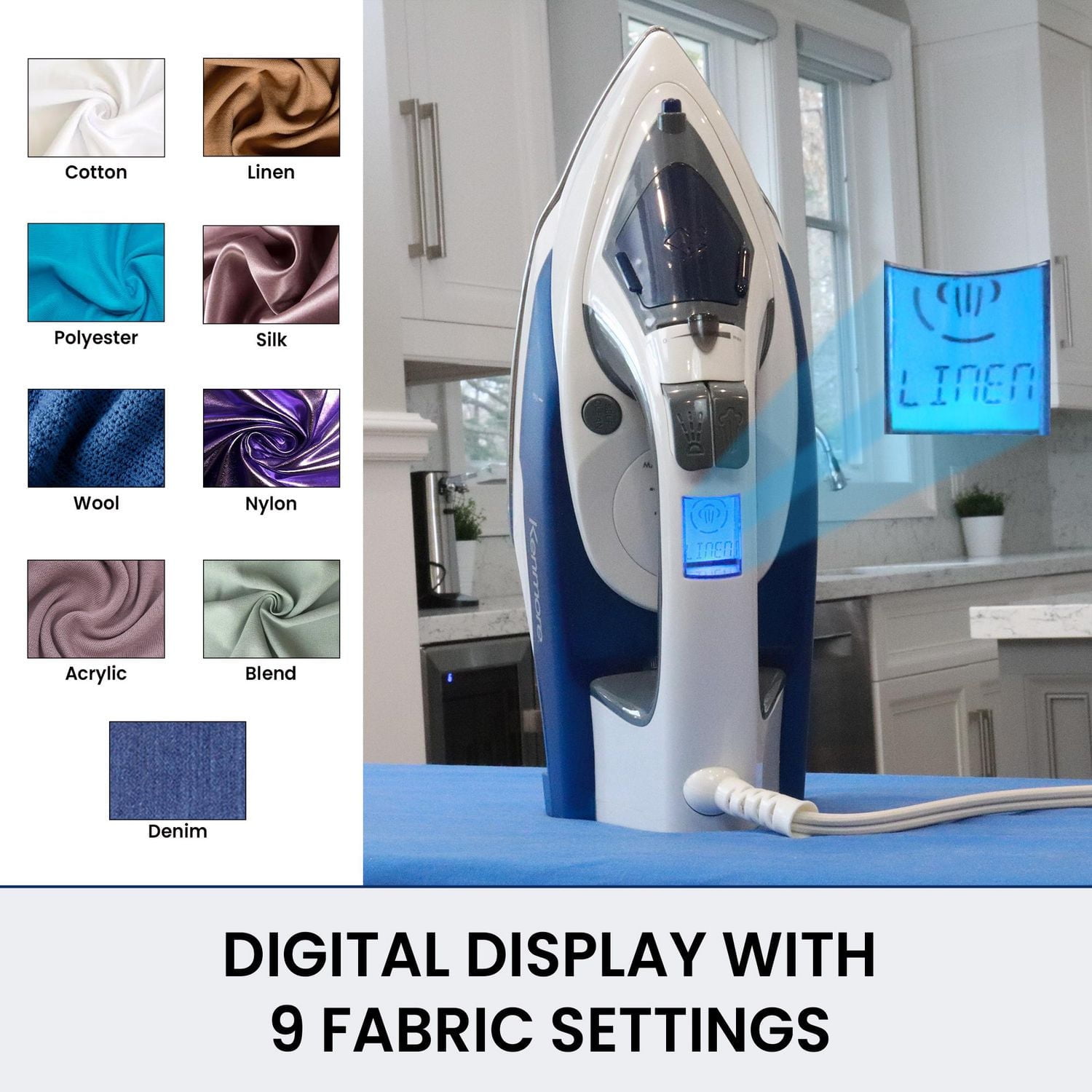 Kenmore Digital Power Steam Iron & Garment Steamer, 9 Fabric Presets, Fast Heat for Wrinkle-Free Clothes