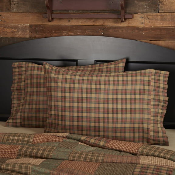 VHC Brands Crosswoods Plaid Cotton Primitive Bedding Standard Pillow Case Set of 2, Natural Tan