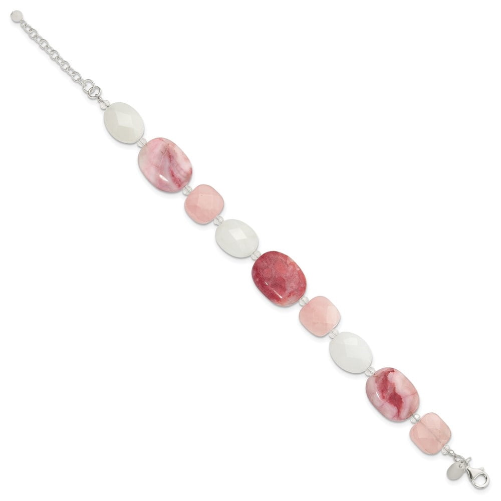Diamond2Deal 925 Sterling Silver Pink Agate/Quartz, Jade, Crystal w/1in ext Bracelet for Women 8.75"