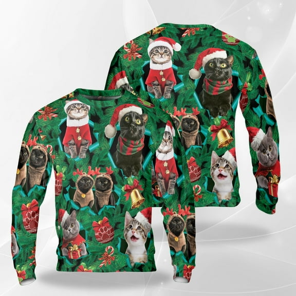 Funny Cat Christmas Sweatshirt, Cute Kitty Santa Holiday Crewneck, Festive Cat Lover Pullover with Christmas Tree and Bells, Holiday Sweater for Men Women