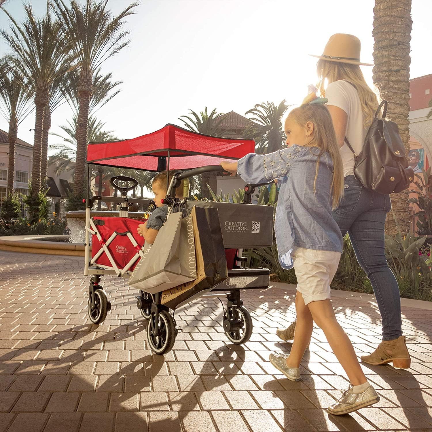 Creative Outdoor Titanium Series Push Pull Wagon Stroller with Canopy Folding Wagon for Kids, Red/Gray
