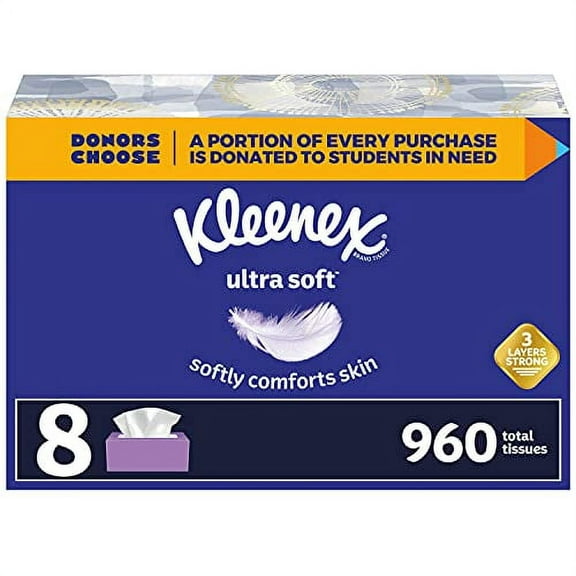 Kleenex Ultra Soft Facial Tissues, 8 Flat Boxes, 120 Tissues per Box (960 Total Tissues)