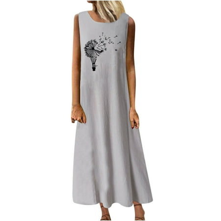 

YanHoo Women s Maxi Dresses Sleeveless Linen Tank Dress Summer Casual Pockets Swing Dress