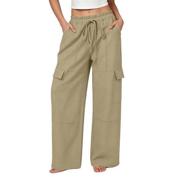 TFEOQRY Womens Cargo Pants with Pockets Elastic Waist Drawstring Solid Color Loose Casual Wide Leg Pants
