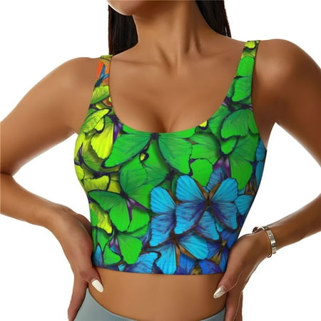 Adobk Rainbow Butterflies Print Sports Bras for Women Longline Workout Crop Tank Tops Padded with Built in Shelf Padded Sports Bra-X-Large