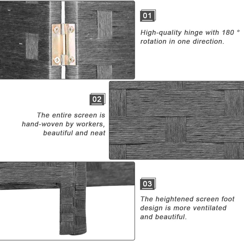 Dkelincs Wood Room Dividers 6 Panels Portable Folding Partition Screen Wood Mesh Woven Design Wall Divider(Black)