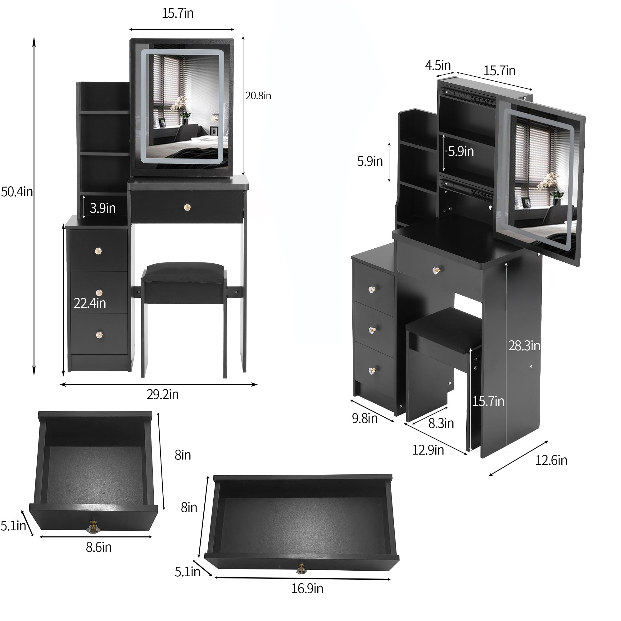 29.2" Small Size Left Bedside Cabinet Vanity Table + Cushioned Stool, Large Sliding, Touch Control, Tri-color Switching, Brightness Adjust LED Mirror, High Capacity Storage