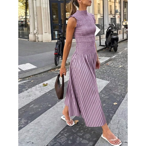 Lilac Purple Smocked Ruffle Sleeve Vertical Striped Maxi Dress For Women