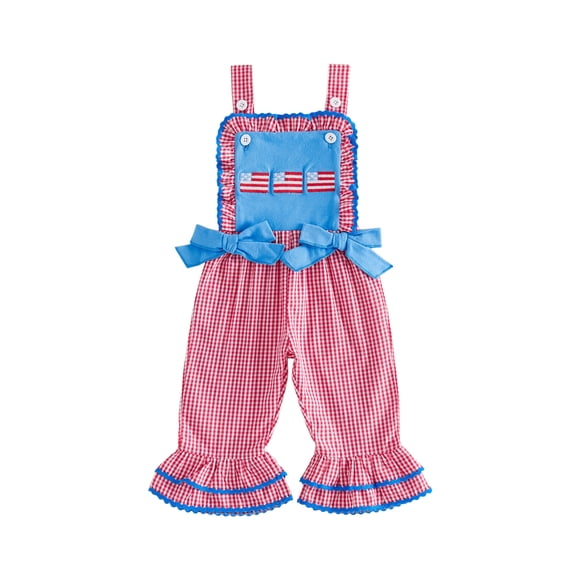 BemeyourBBs Toddler Baby Girls 4th of July Outfit Romper Overalls Patriotic Independent Day Summer Clothes Plaid Flag Embroidery Sleeveless Jumpsuits Overalls Bell Bottom