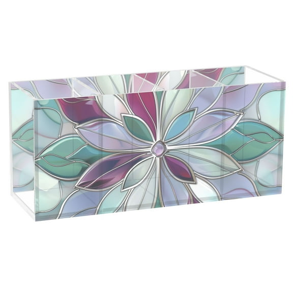 Violet Red Floral Stained Glass Acrylic Pencil Pen Holder Cup 4 Compartments Desktop Organiser 7.87"x2.78"x3.54"