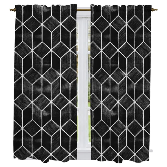 Black Geometric Kitchen Curtains 63 Inch Length, Checkered Modern Abstract Art Tiers Curtains for Living Room Berdoom Bathroom, Light Filtering Drapes Rod Pocket Window Treatment 2 Panels 42"Wx63"L