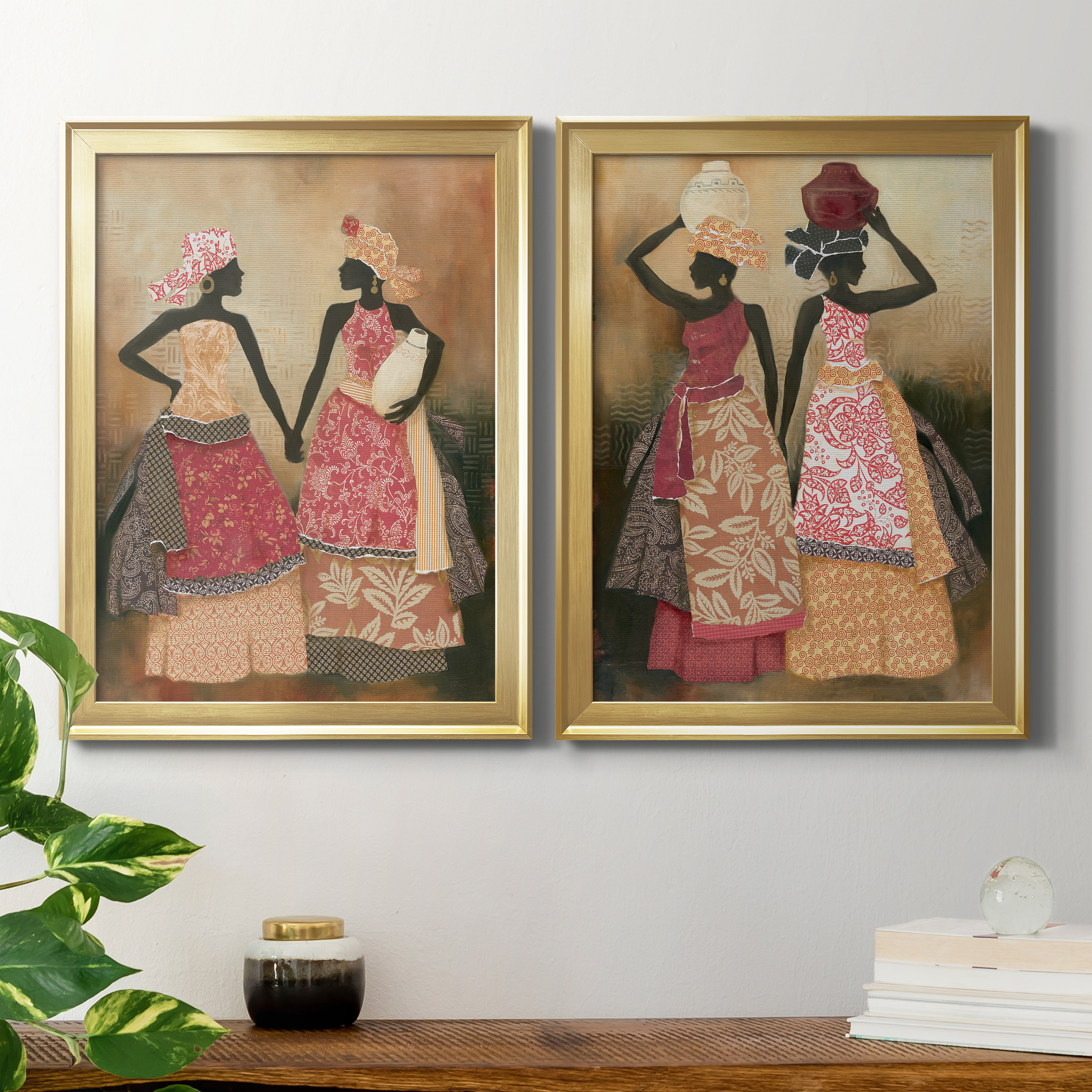 2 Piece Set Village Women I Premium Framed Canvas - Ready to Hang - 18.5 x 24.5 Each - Gold Frame