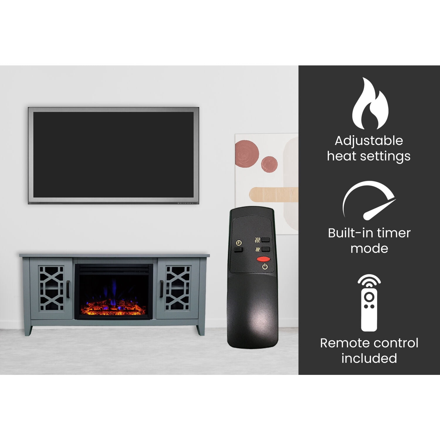 Hanover 56-in. Arcadia Mid-Century Modern Electric Fireplace Heater with Multi-color Deep Log Insert, Slate Blue