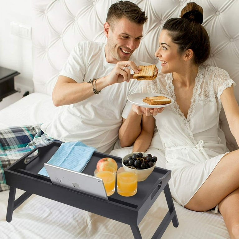 Artmalle Bed Tray Table with Handles Folding Legs Bamboo White Breakfast  Food Tray with Media Slot, Black Tray Laptop Desk,Snack,TV Tray Kitchen
