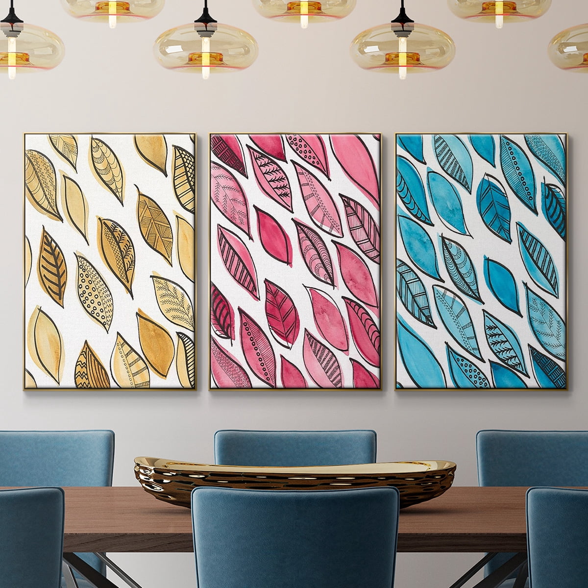Patterned Leaf Shapes I - Framed Premium Gallery Wrapped Canvas L Frame 3 Piece Set - Ready to Hang