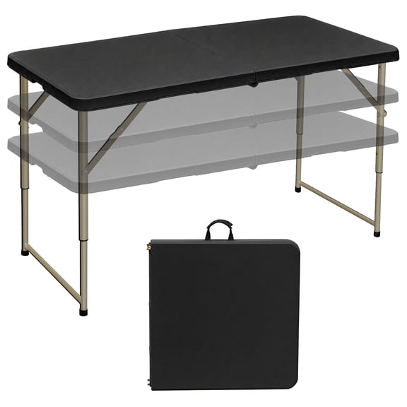 VECELO Fold-in-Half Folding Table, 3 Adjustable Height Legs, Portable Carry Handle, Heavy Duty Space Saving Utility Table for Dining, Camping, Indoor and Outdoor, Black, for 4–6 people