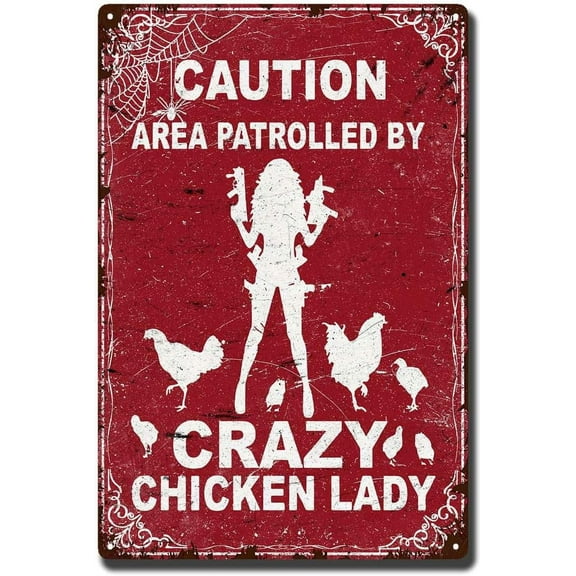 JUSIP Crazy Chicken Lady Metal Sign, Tin Sign Vintage Wall Decor Home Bar Cafe Garage Cave Decor Sign 12 X 8 Inch