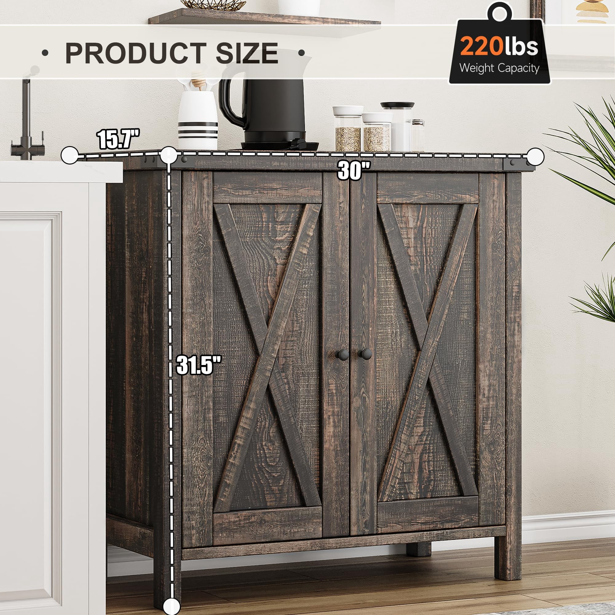 DSstyles Buffet Cabinet, Farmhouse Storage Cabinet, 15.7’D x 30"W x 31.5"H, Oak