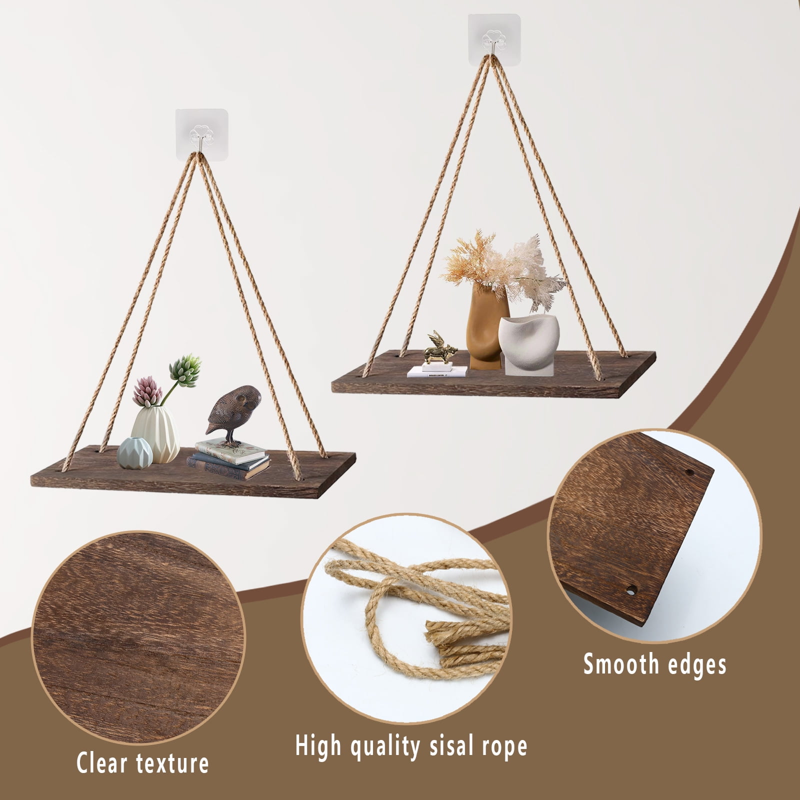 Set of 2 Wood Hanging Shelves for Wall, Wall Hanging Shelf, Window Plant shelves, Wood Floating Shelves Window Hanging Plant Triangle Rope Shelf Rustic for Living Room Bedroom Bathroom Kitchen