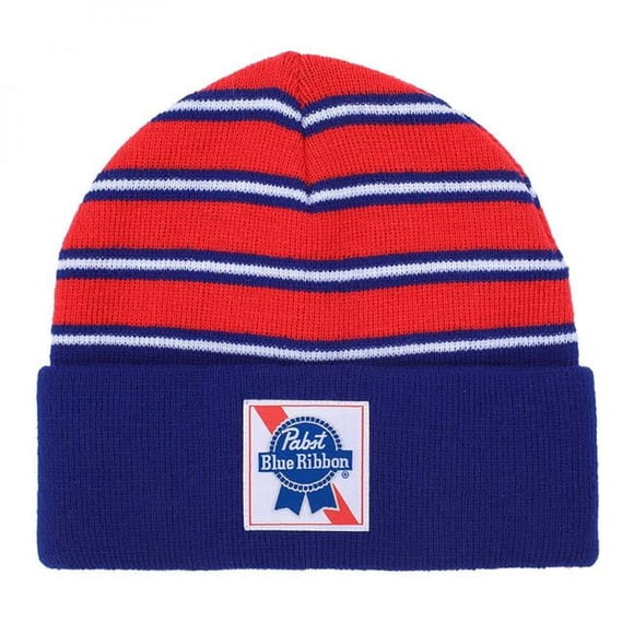 Pabst Blue Ribbon 871811 Pabst Blue Ribbon Striped Cuff Beanie, Red & Blue